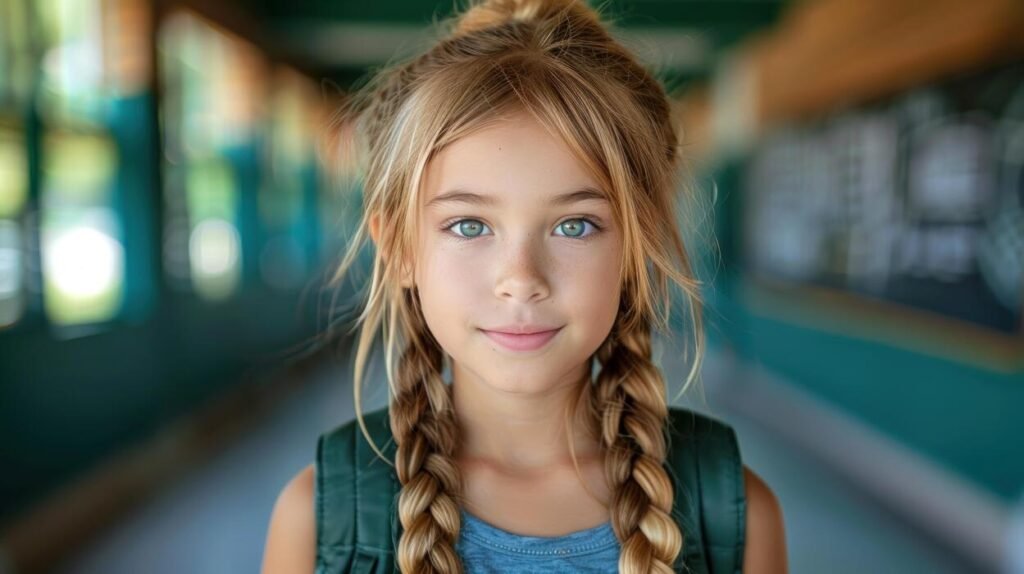 a-young-girl-with-long-braids-standing-in-a-hallway-photo
